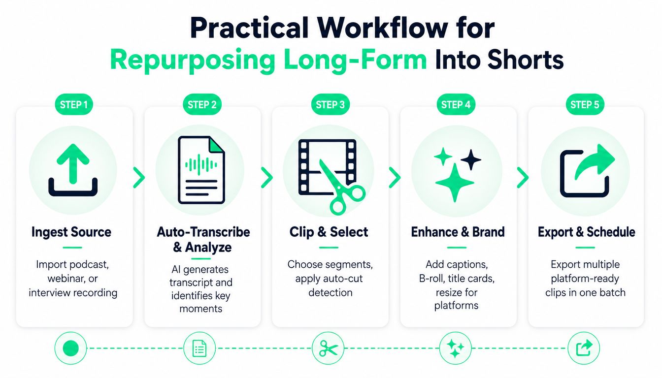 A five-step infographic showing the practical workflow for repurposing long-form video content into short-form social clips.