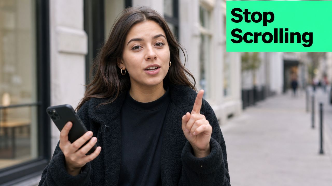 A young woman holding a smartphone outdoors while pointing her finger to grab the viewer's attention.