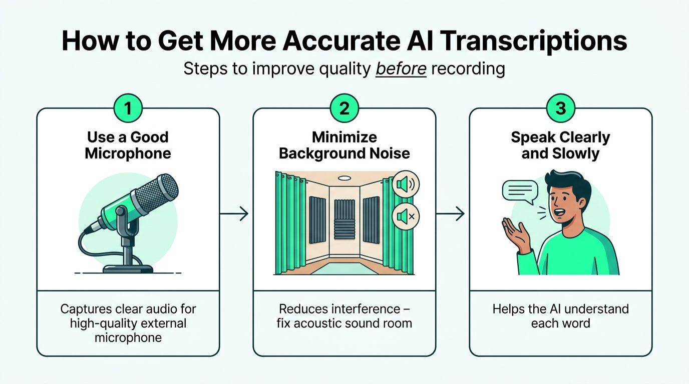 A three-step infographic on how to improve audio recording quality for more accurate AI transcriptions.