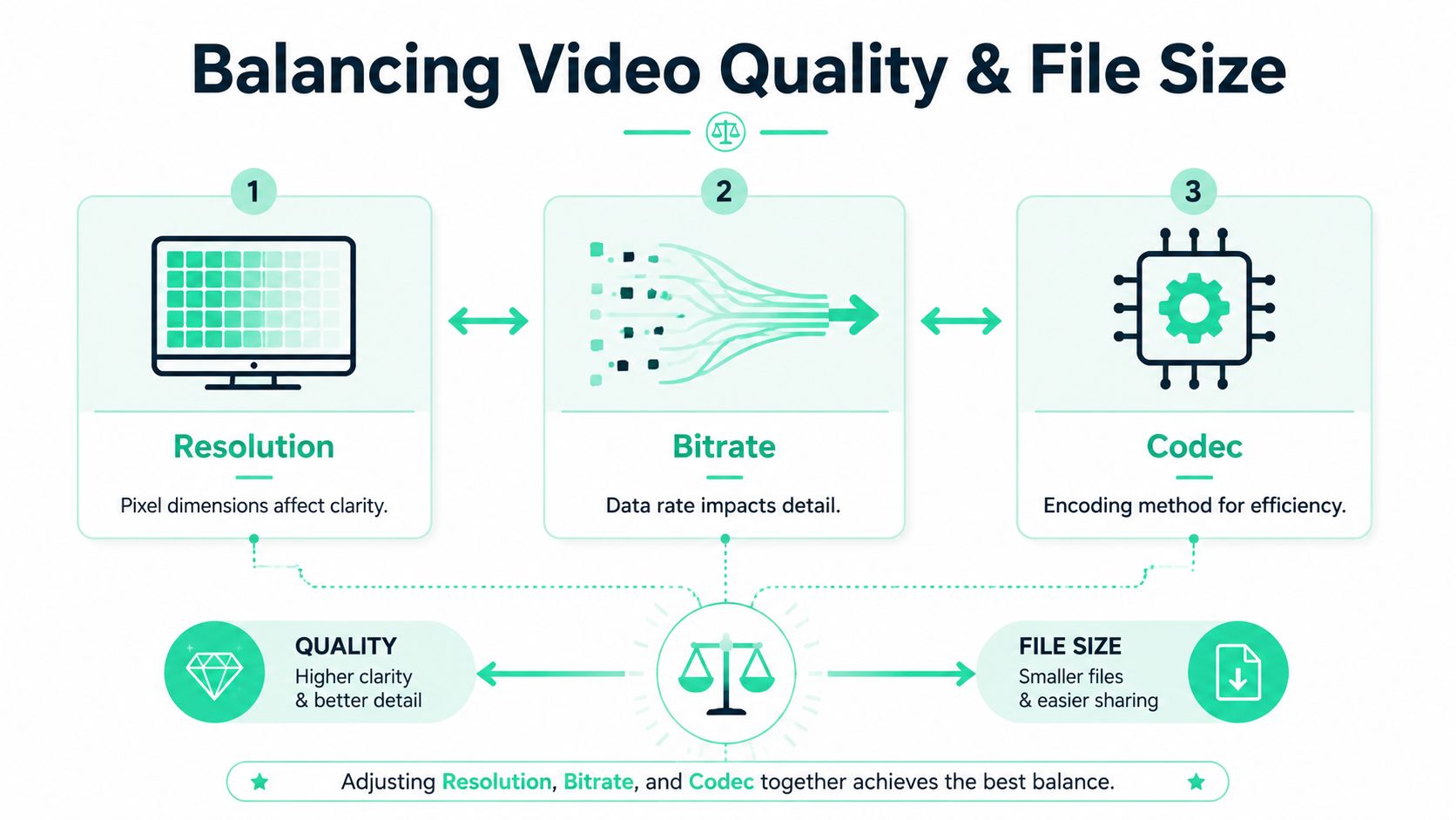 A diagram explaining the three factors that balance video quality and file size: resolution, bitrate, and codec.