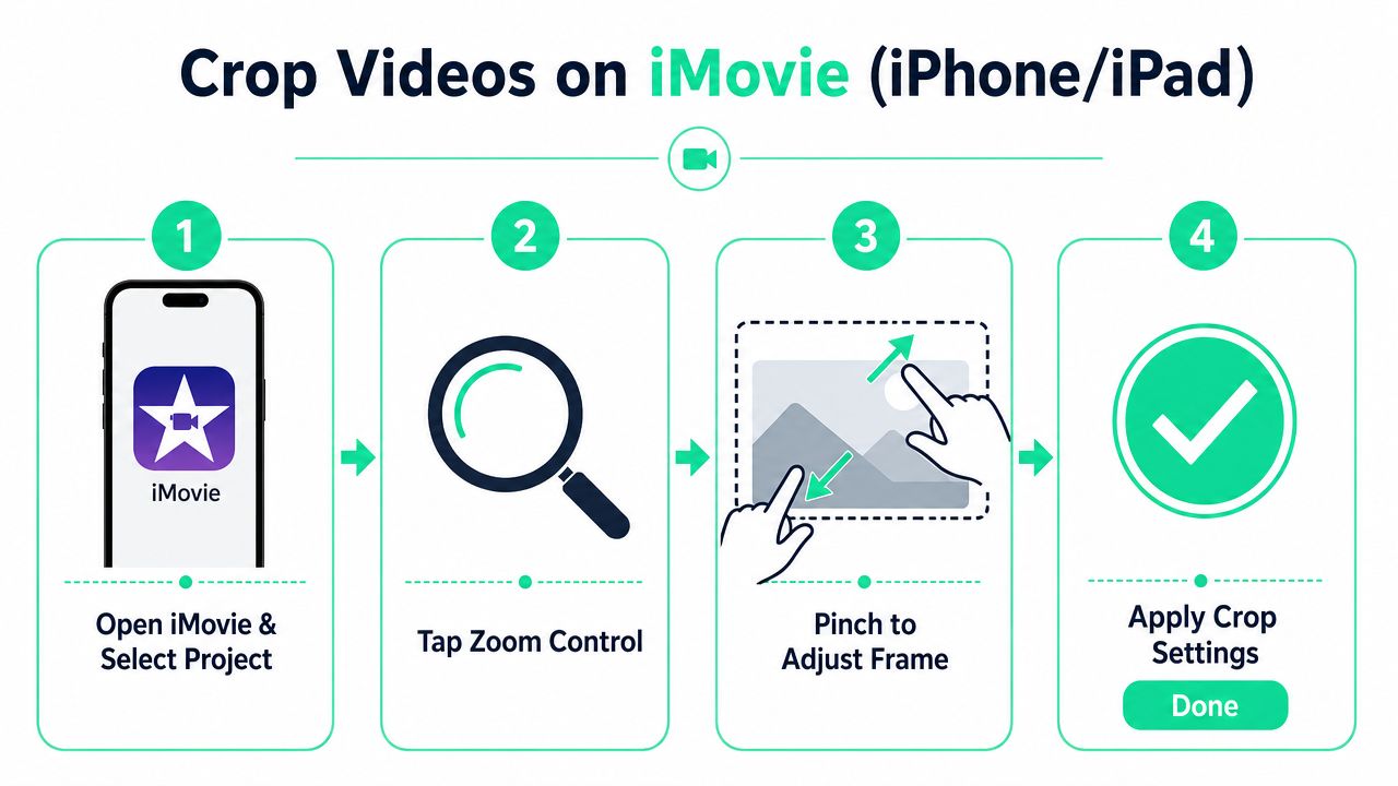 A step-by-step instructional graphic showing how to crop videos in iMovie on an iPhone or iPad.