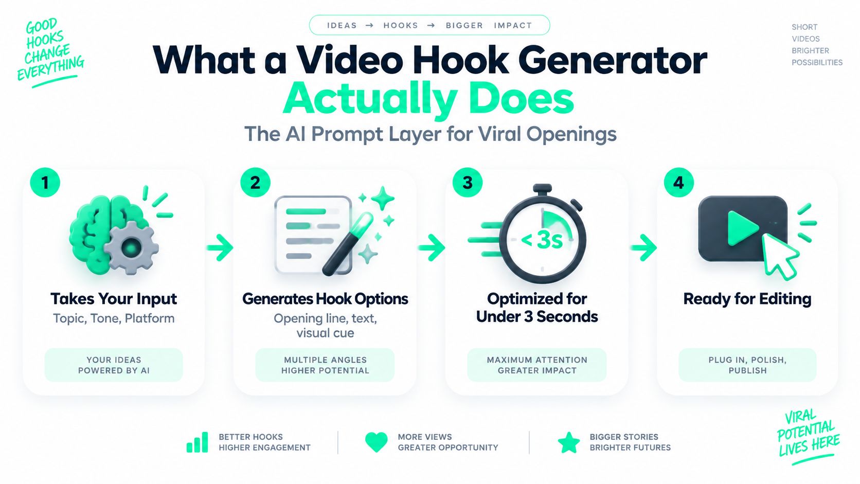 A four-step infographic explaining how a video hook generator works using AI for viral content creation.