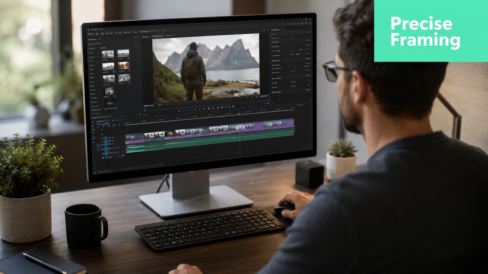 A man editing a video on a computer in a modern home office workspace.