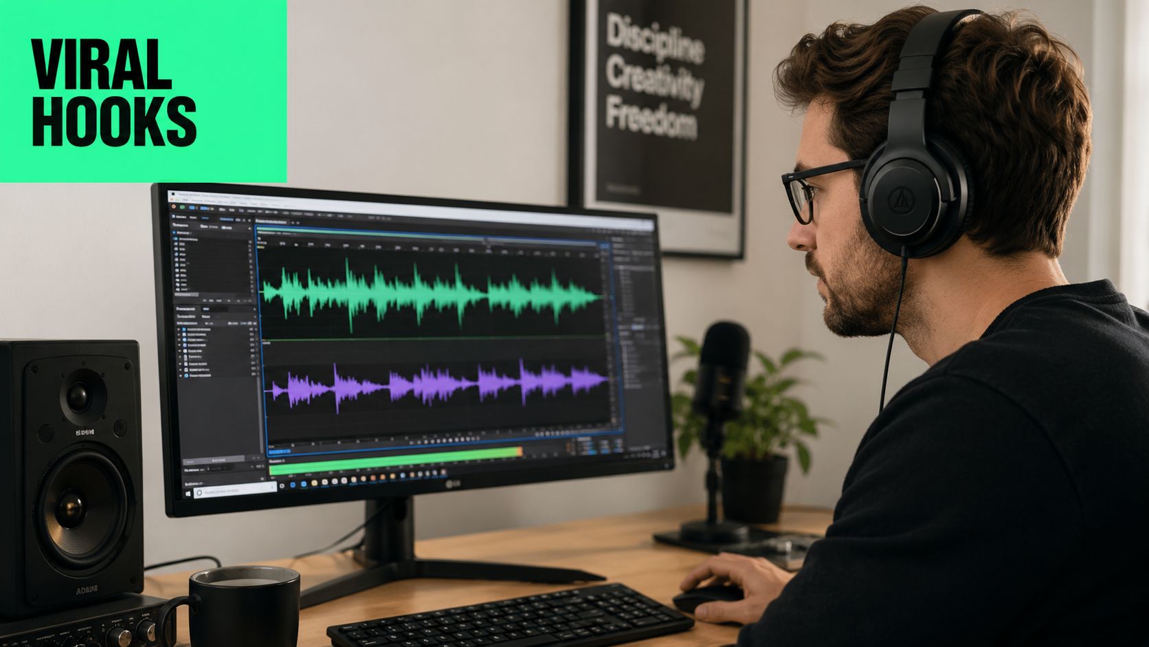 A professional video editor working on audio tracks in a studio with headphones and a computer screen.