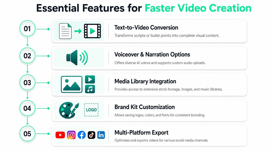 An infographic displaying five essential features for faster video creation, including text-to-video and brand kit customization.