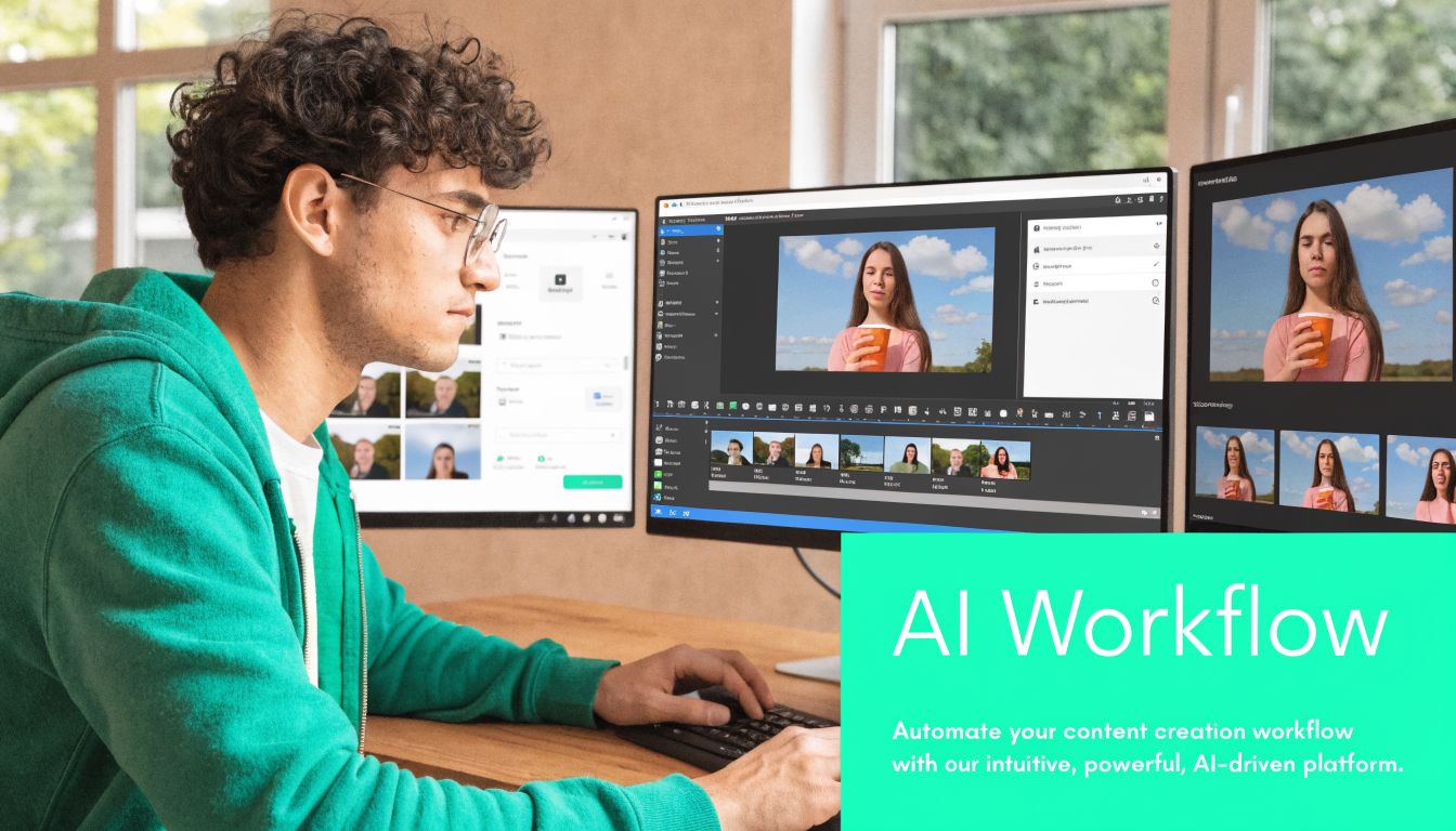 A young man sitting at a desk working on video editing software on multiple computer monitors.