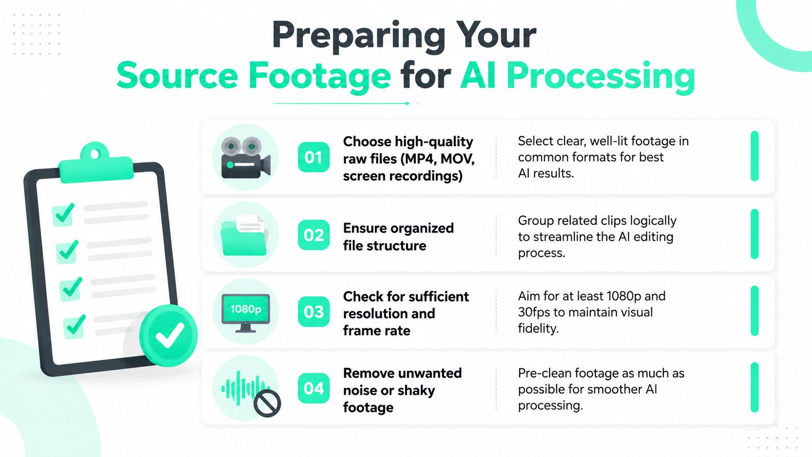 A checklist infographic titled Preparing Your Source Footage for AI Processing with four steps for video optimization.