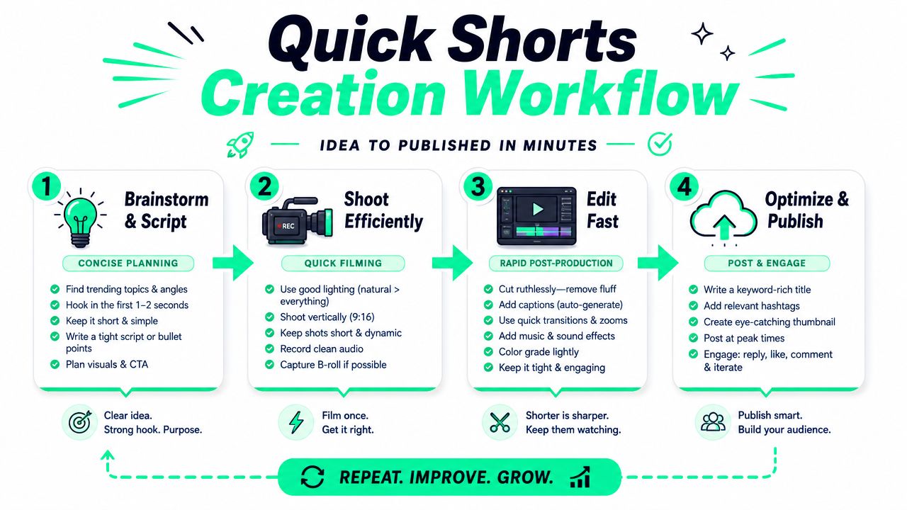 An infographic showing a four-step workflow for creating engaging short-form video content quickly and effectively.