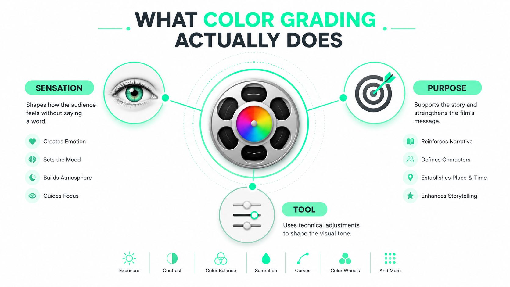 An infographic explaining the core elements of film color grading, including sensation, purpose, and technical tools.