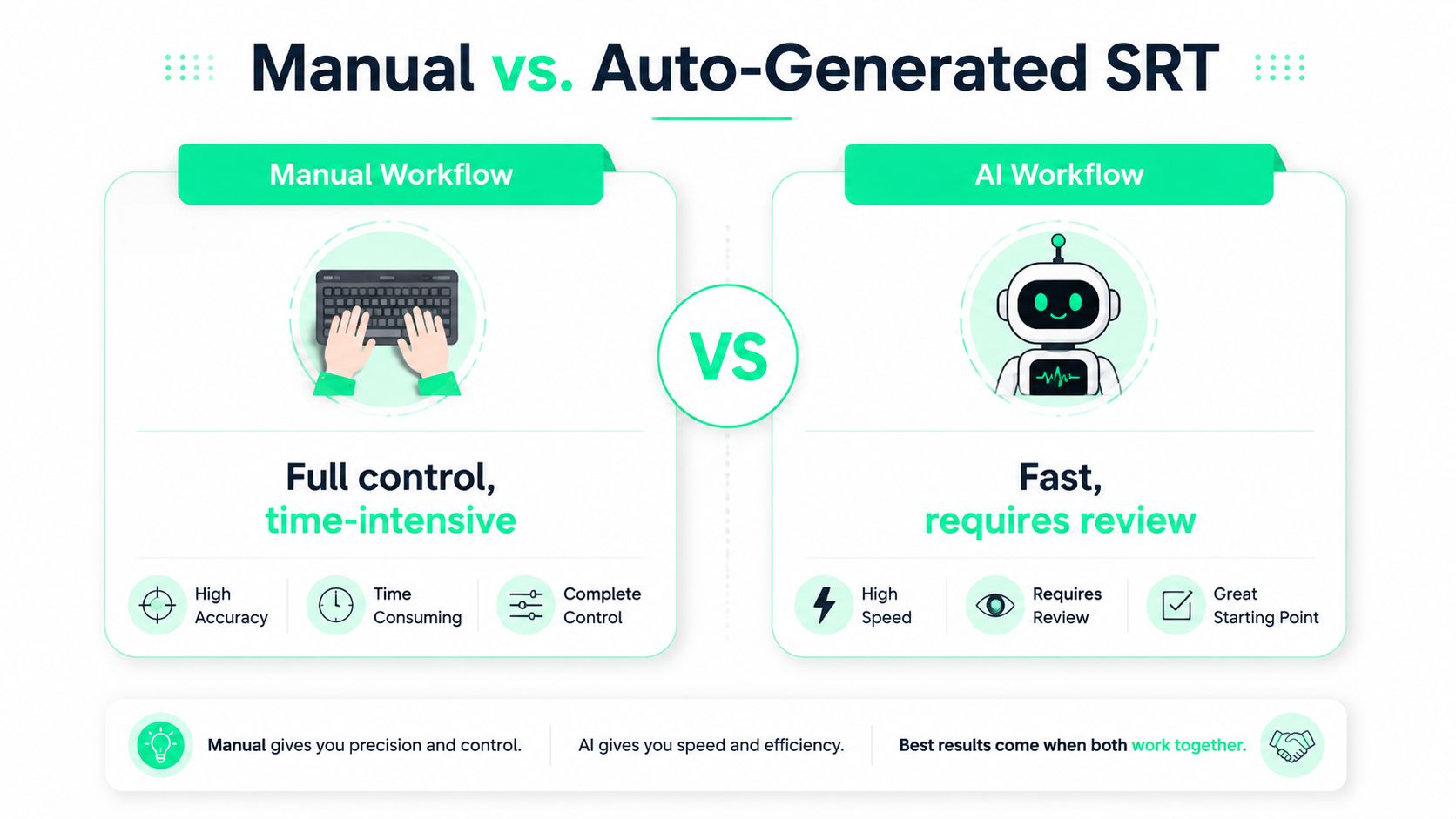 A comparison chart showing the differences between manual and AI-generated subtitle creation workflows for video content.