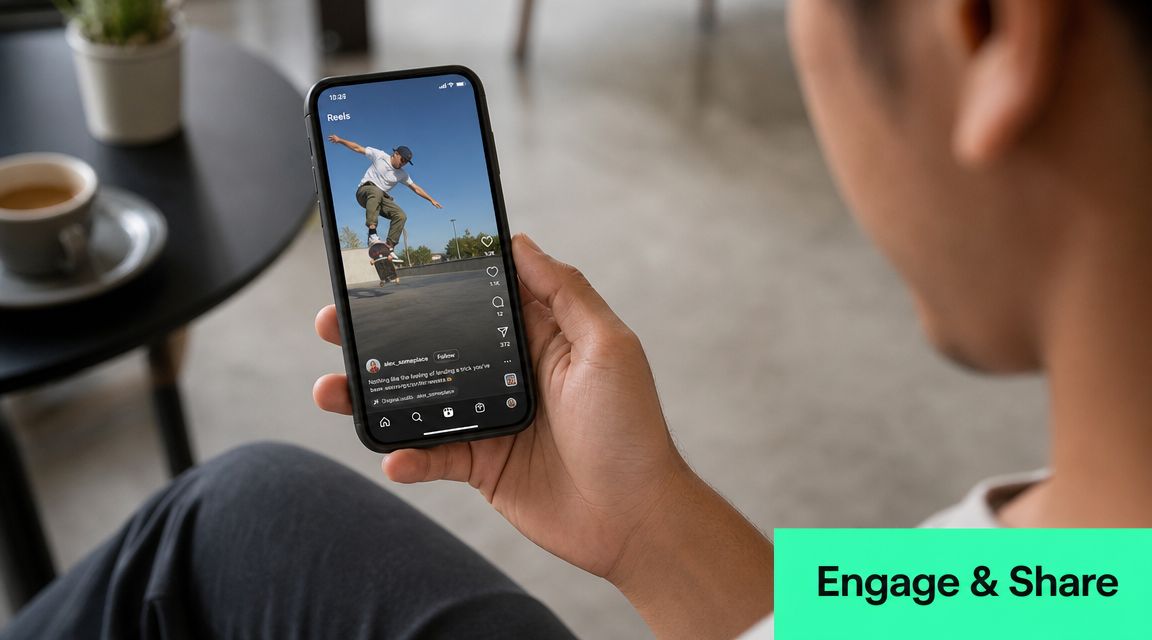 A person holding a smartphone and watching a skateboarding video on Instagram Reels while relaxing.