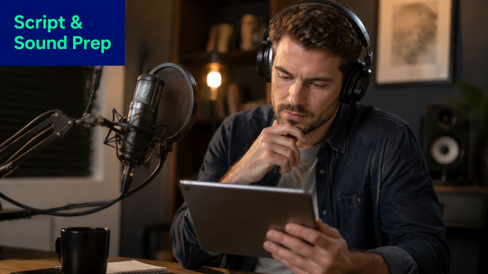 A man wearing headphones reads a script on a tablet while recording professional audio in his studio.