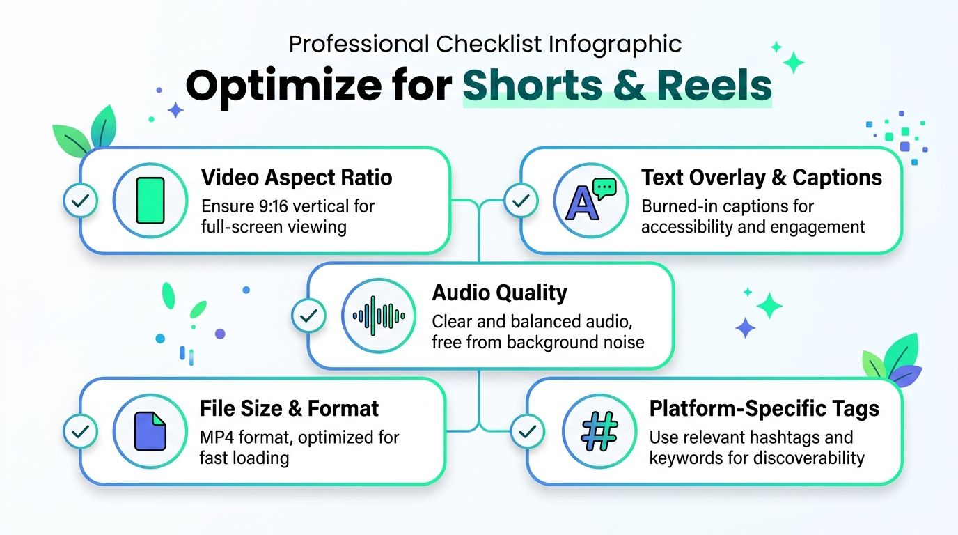 A professional infographic checklist providing key optimization tips for creating high-performing social media video shorts and reels.