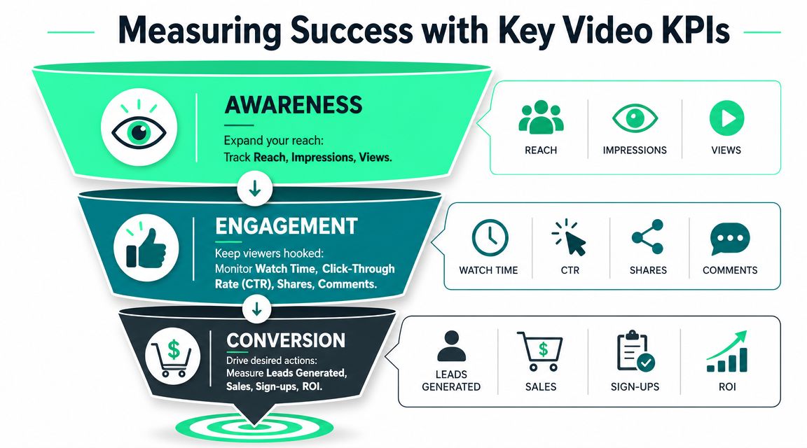A marketing funnel infographic illustrating key performance indicators for video marketing including awareness, engagement, and conversion.