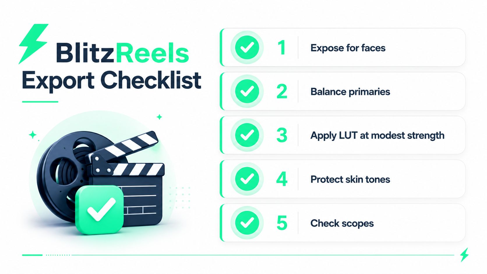 A 5-point checklist for professional video color grading titled BlitzReels Export Checklist with a film clapperboard icon.