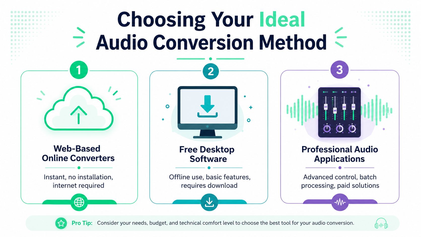 An infographic comparing three methods for audio file conversion: online converters, desktop software, and professional applications.