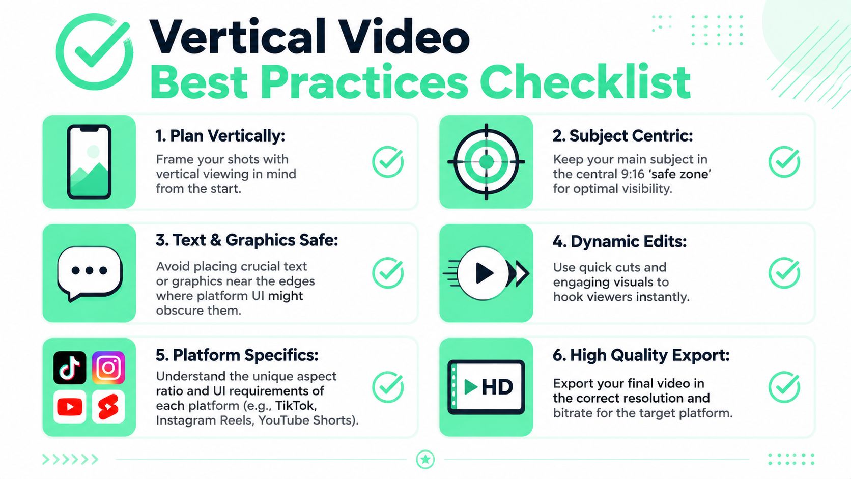 A checklist infographic detailing six essential best practices for creating and editing engaging vertical mobile videos.