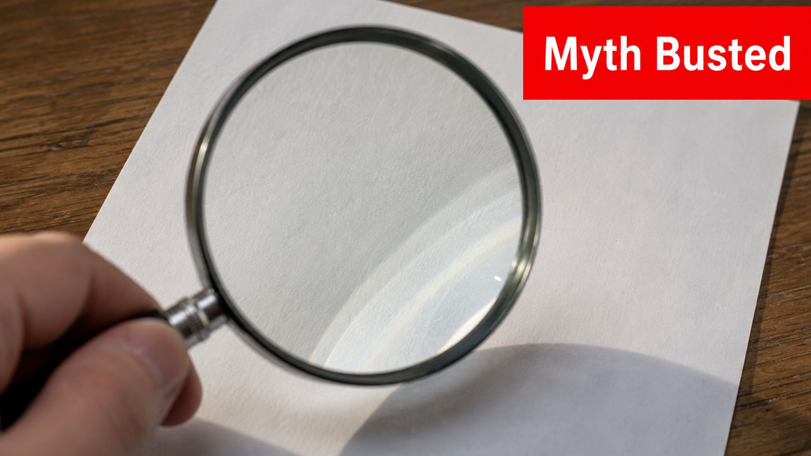 A hand holds a magnifying glass over a blank piece of paper with the text Myth Busted.