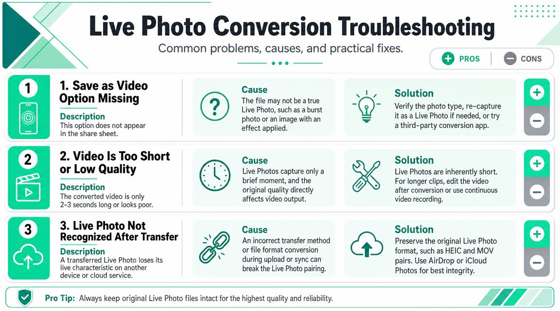 A troubleshooting guide explaining common issues when converting iPhone Live Photos into video files.