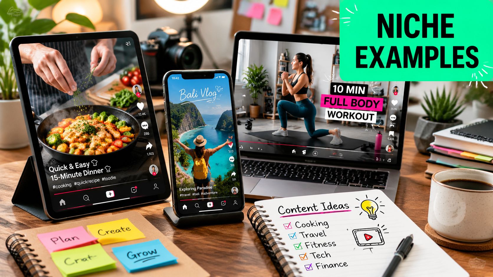 A digital workspace featuring a tablet, smartphone, and laptop displaying social media content creation and planning tools.