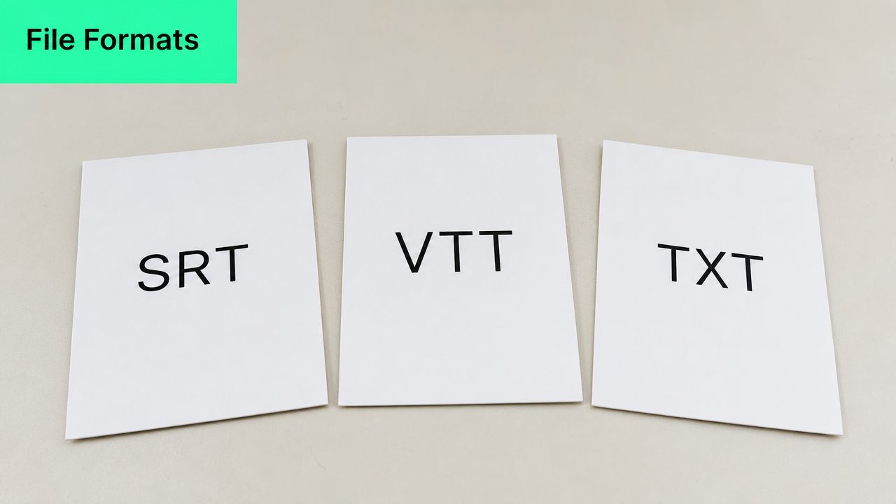 Three white papers displayed side by side, each labeled with common subtitle file formats SRT, VTT, and TXT.