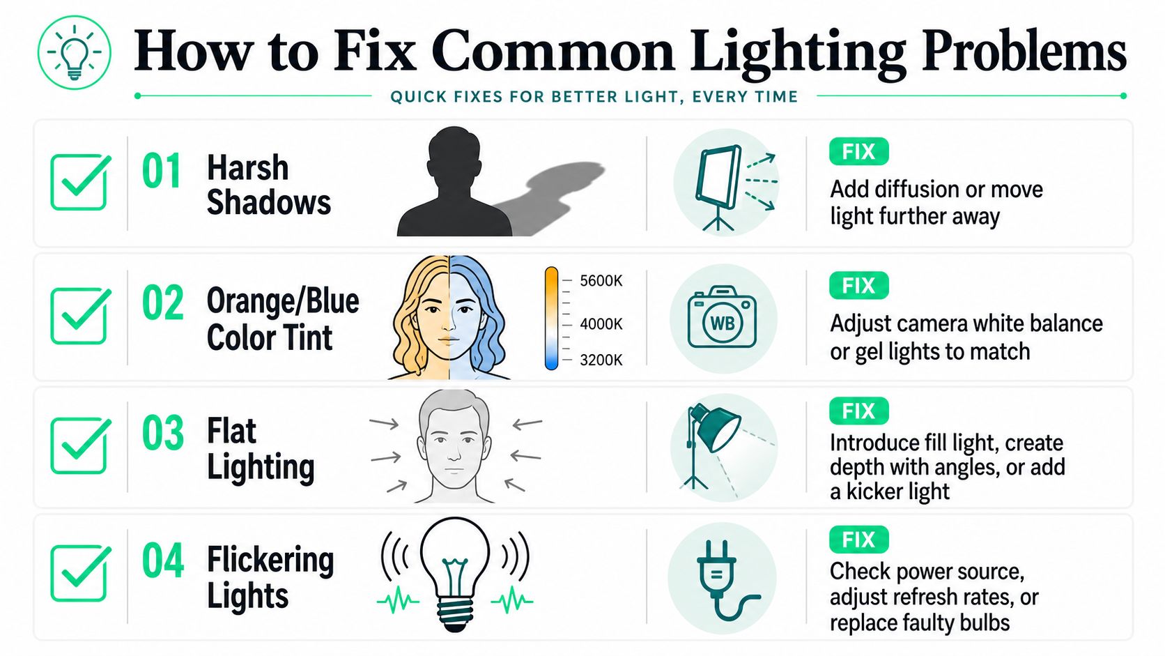 An infographic titled How to Fix Common Lighting Problems, illustrating solutions for shadows, tint, lighting, and flickering.