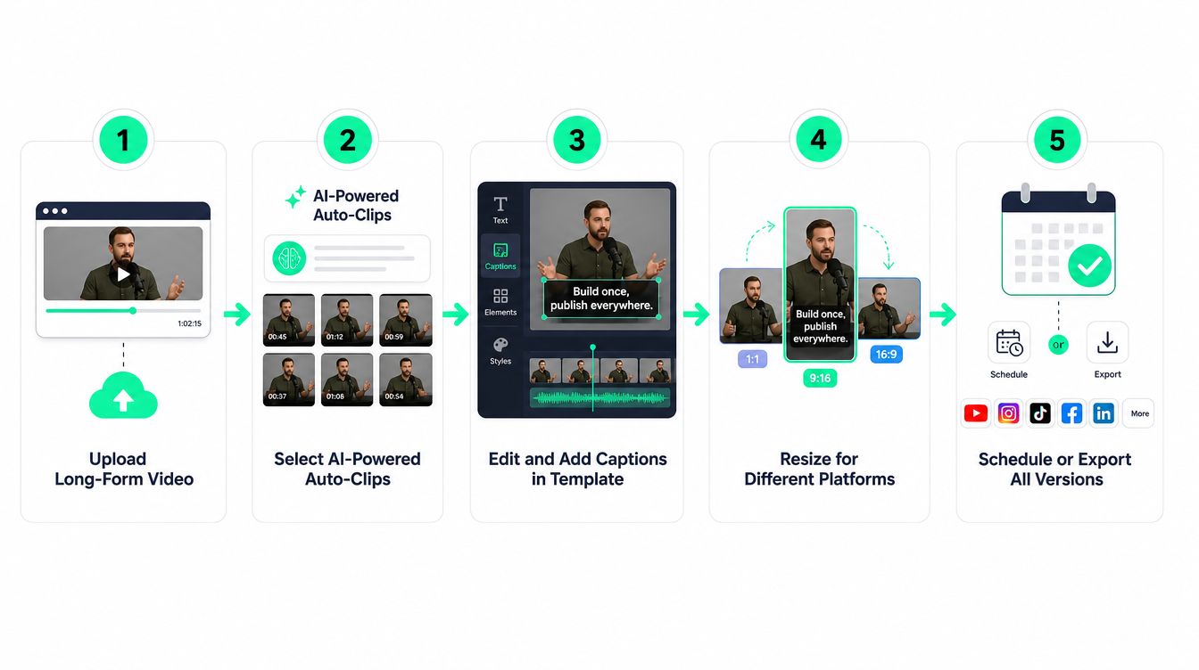 A five-step infographic showing how a video repurposing tool creates social media clips from long-form videos.