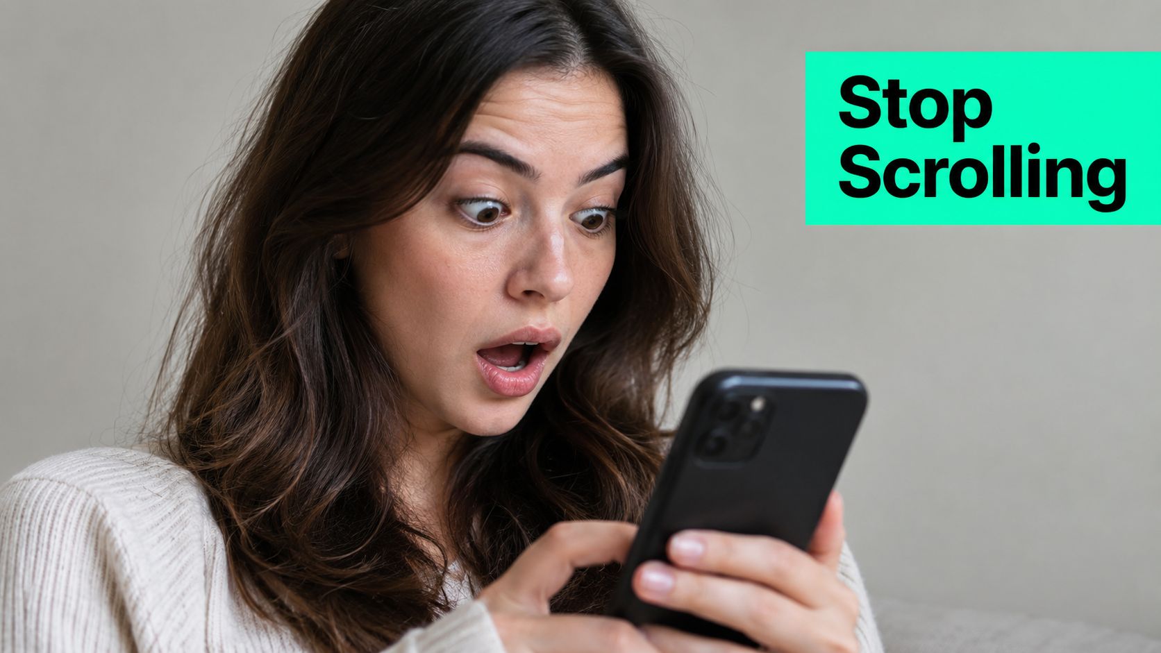 A woman with a surprised expression looking at her smartphone with a bright green Stop Scrolling overlay.