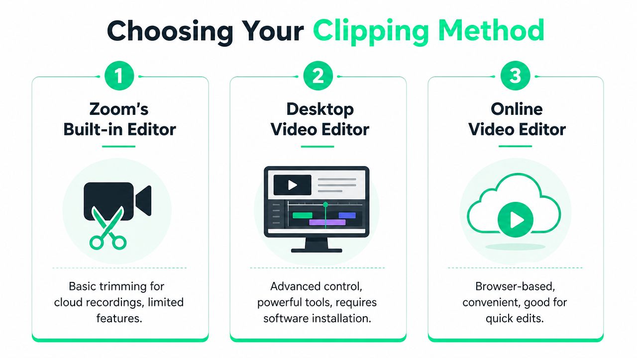 An infographic comparing three methods to trim or edit Zoom cloud recordings: built-in, desktop, or online editors.