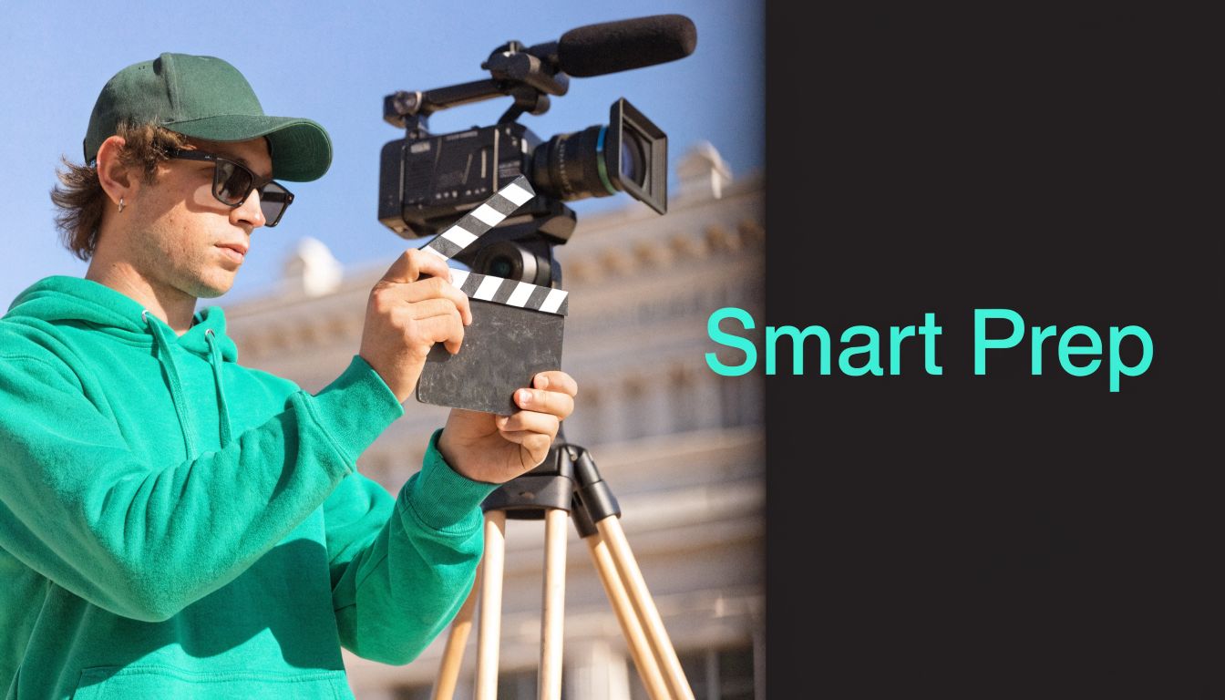 A person in a green hoodie holding a film clapperboard in front of a professional video camera.