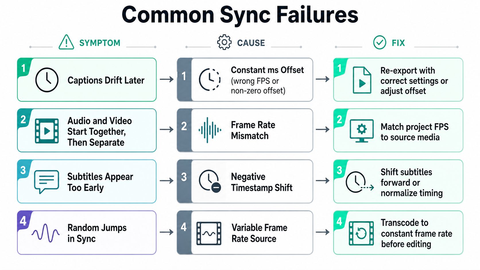 A diagram outlining four common subtitle synchronization failures, their potential causes, and corresponding troubleshooting fixes for editors.