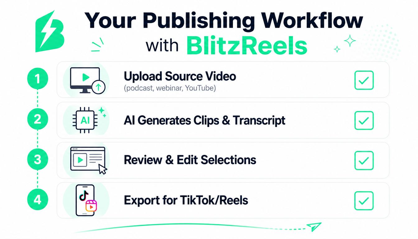 A four step infographic illustrating the BlitzReels AI video clip generator publishing workflow process for social media content.
