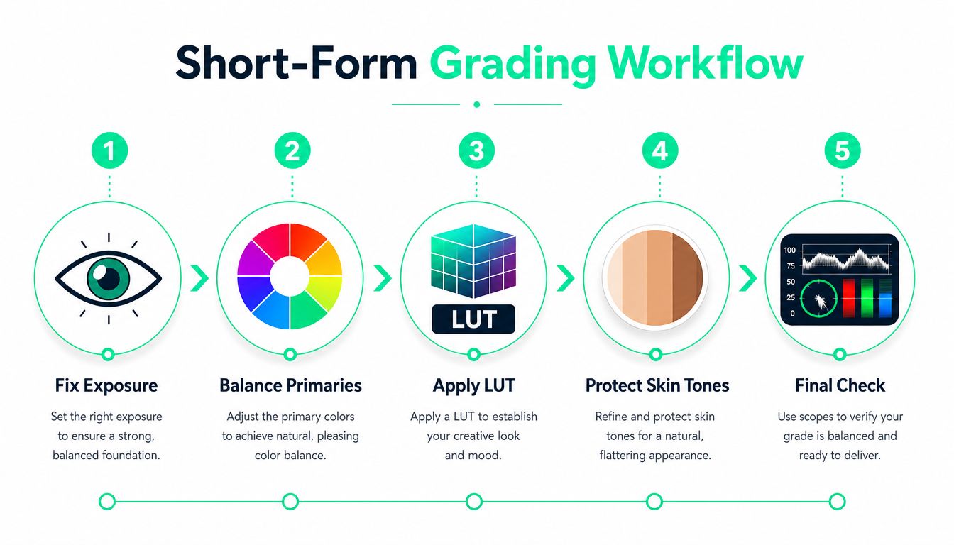 A five-step professional video color grading workflow chart illustrated with icons and descriptive text labels.