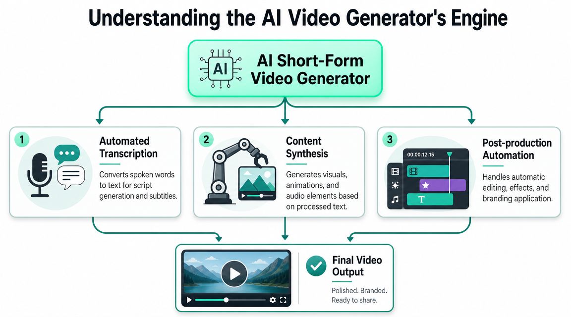 A diagram illustrating the three-step workflow of an AI short-form video generator and final output.