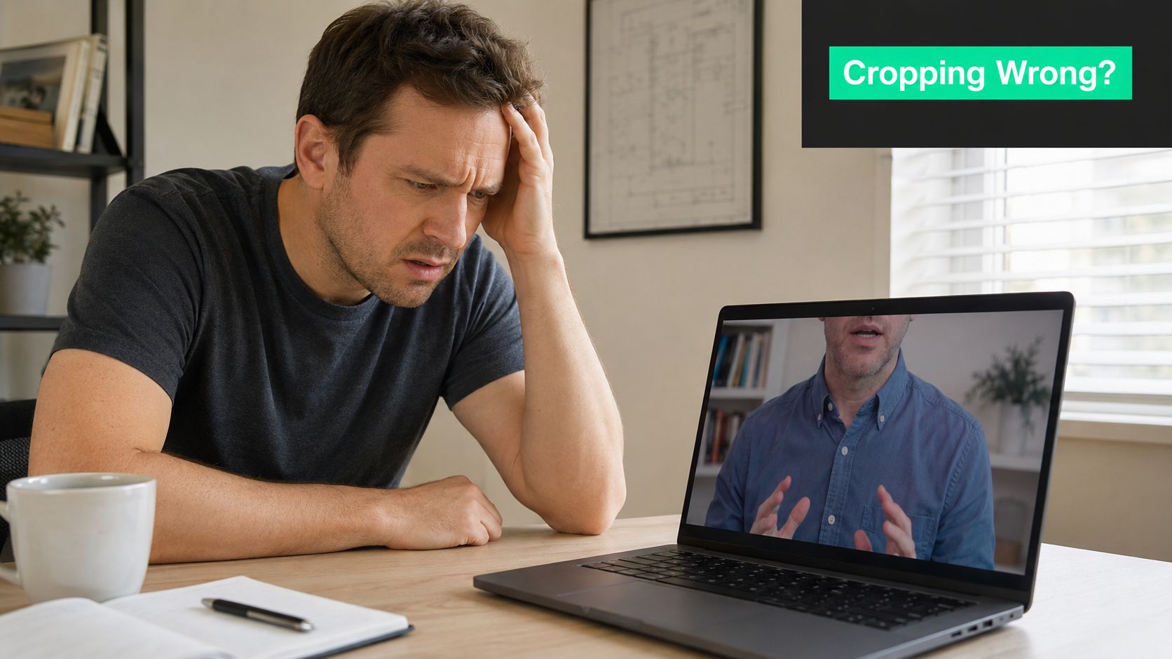 A man looking frustrated at his laptop screen while watching a video of someone speaking.
