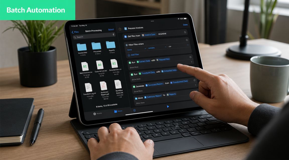 A person using an iPad with a keyboard to automate document processing workflows in an office.