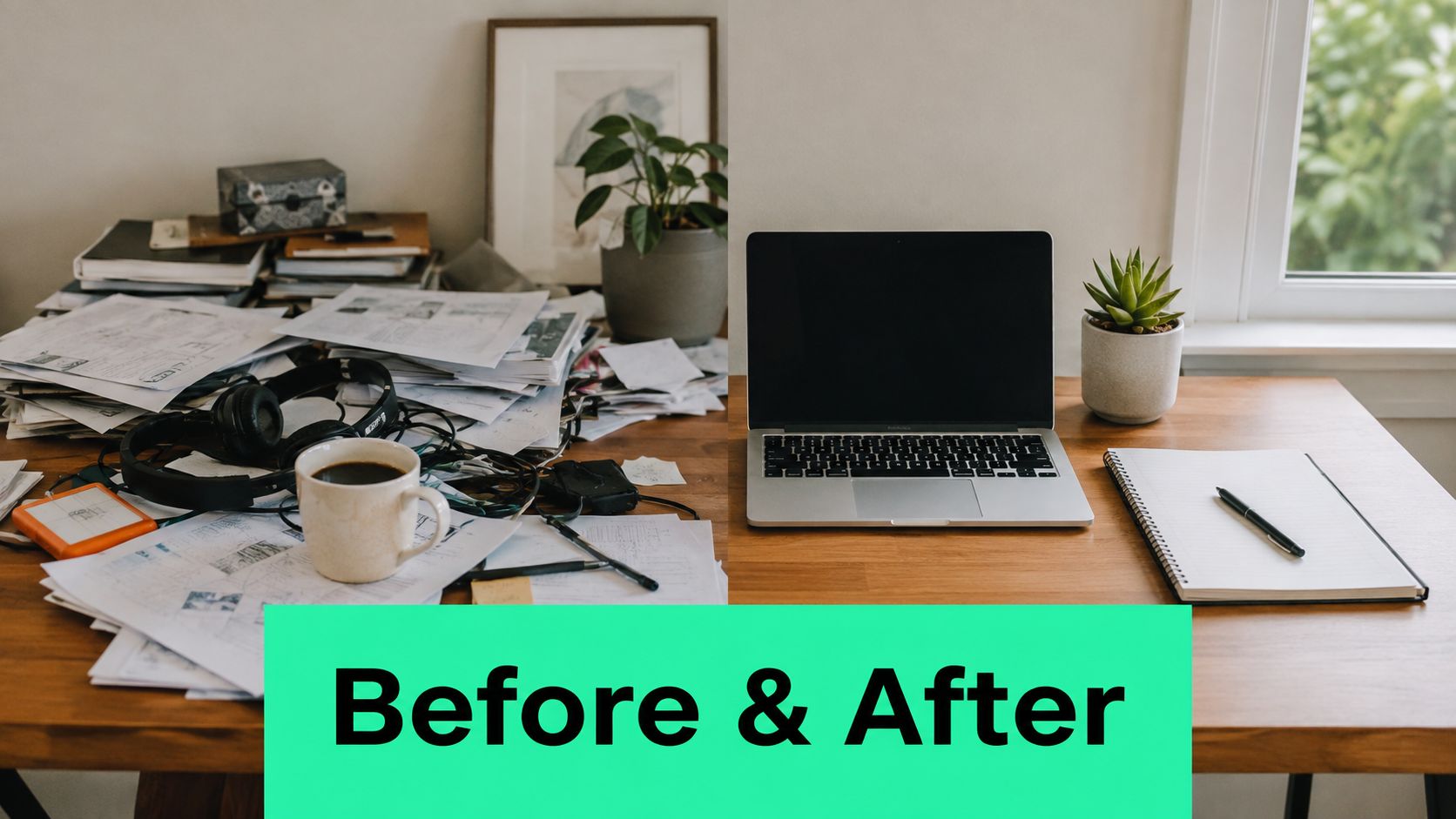 A split-screen comparison showing a messy workspace before cleaning and a tidy organized office desk after.