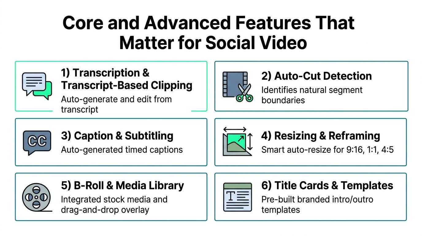 An infographic listing six essential features of modern video editing software for creating social media content.