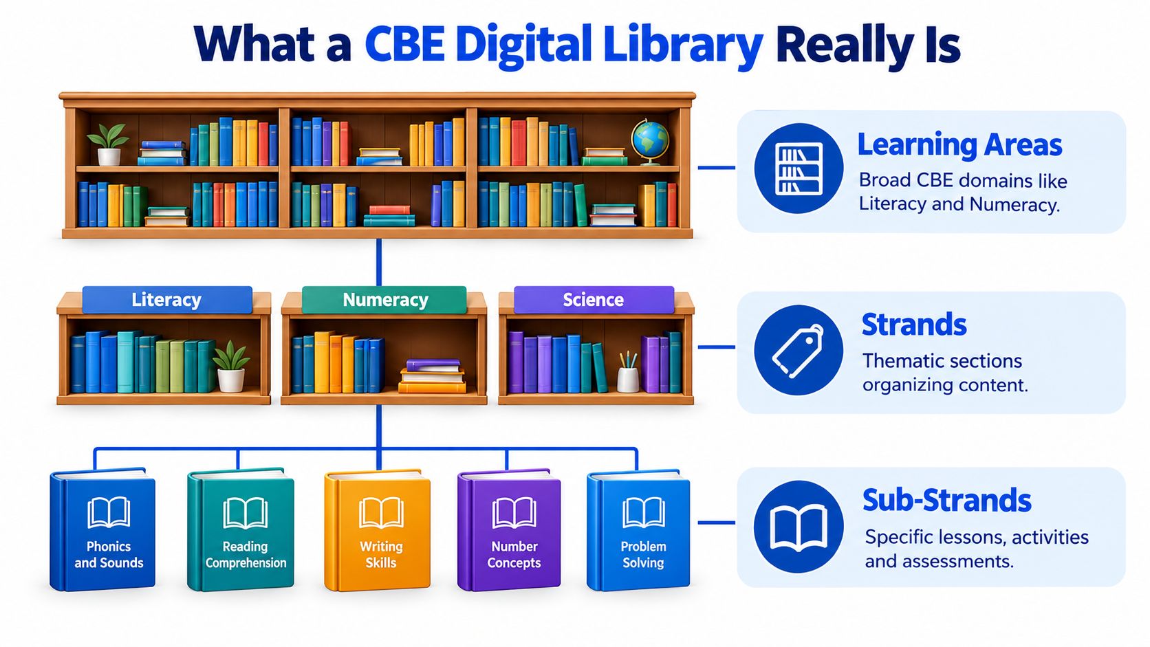 An infographic illustrating the hierarchical structure of a CBE digital library, featuring bookshelves categorized into learning areas, strands, and sub-strands.
