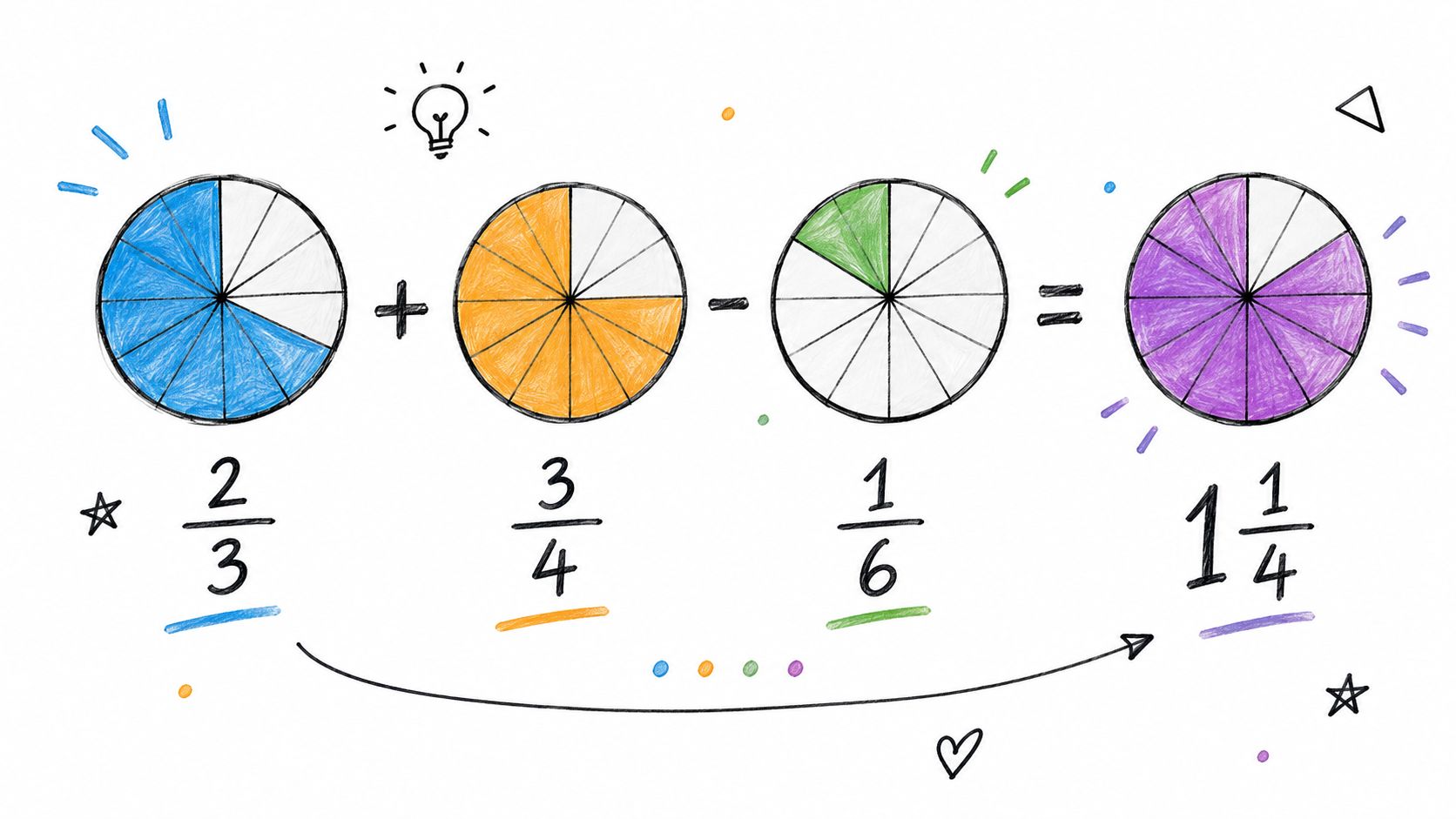 A hand-drawn illustration showing the mathematical equation two-thirds plus three-quarters minus one-sixth equals one and one-quarter.
