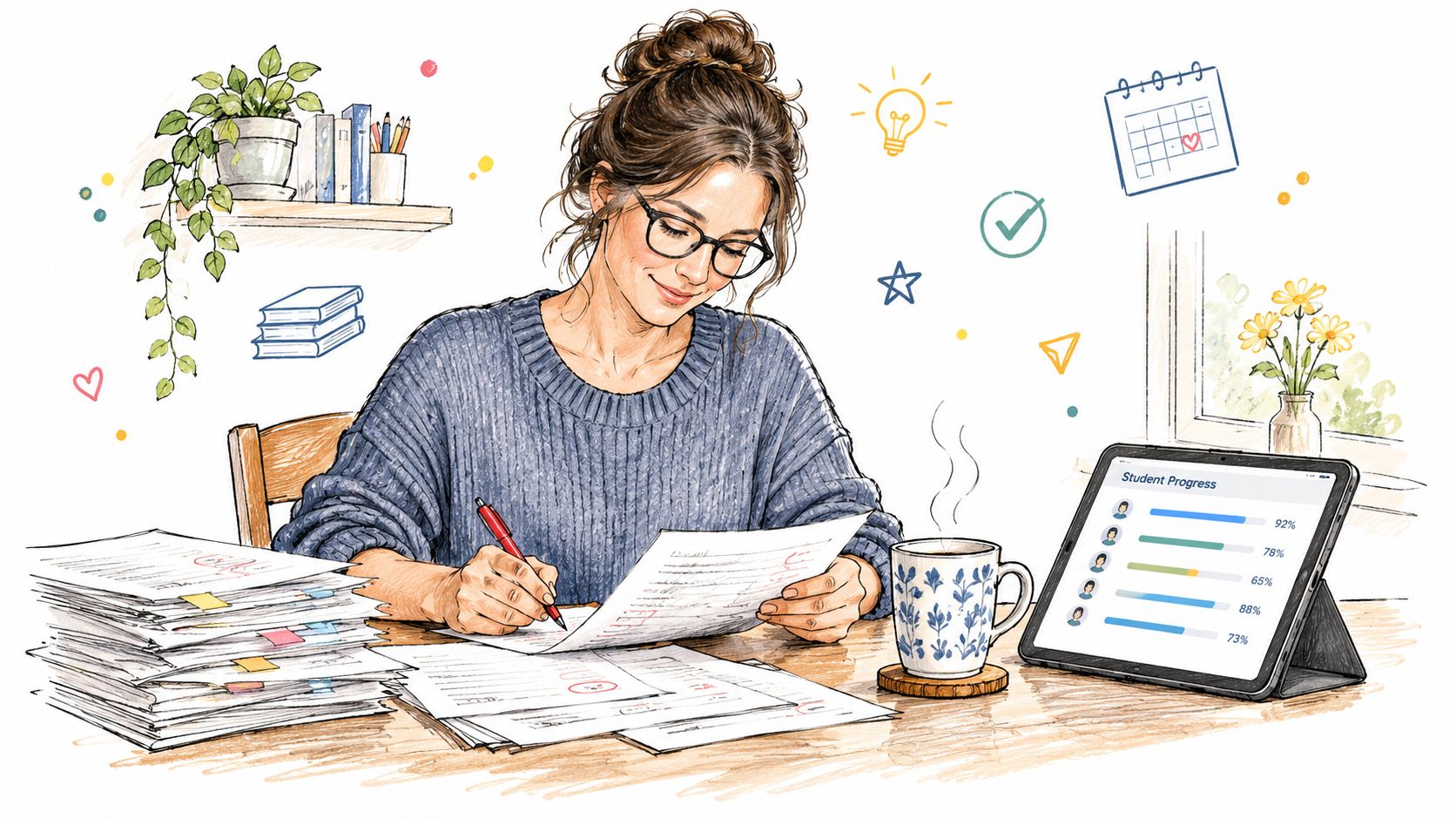 A woman working at a wooden desk, grading papers while viewing a student progress chart on a tablet.