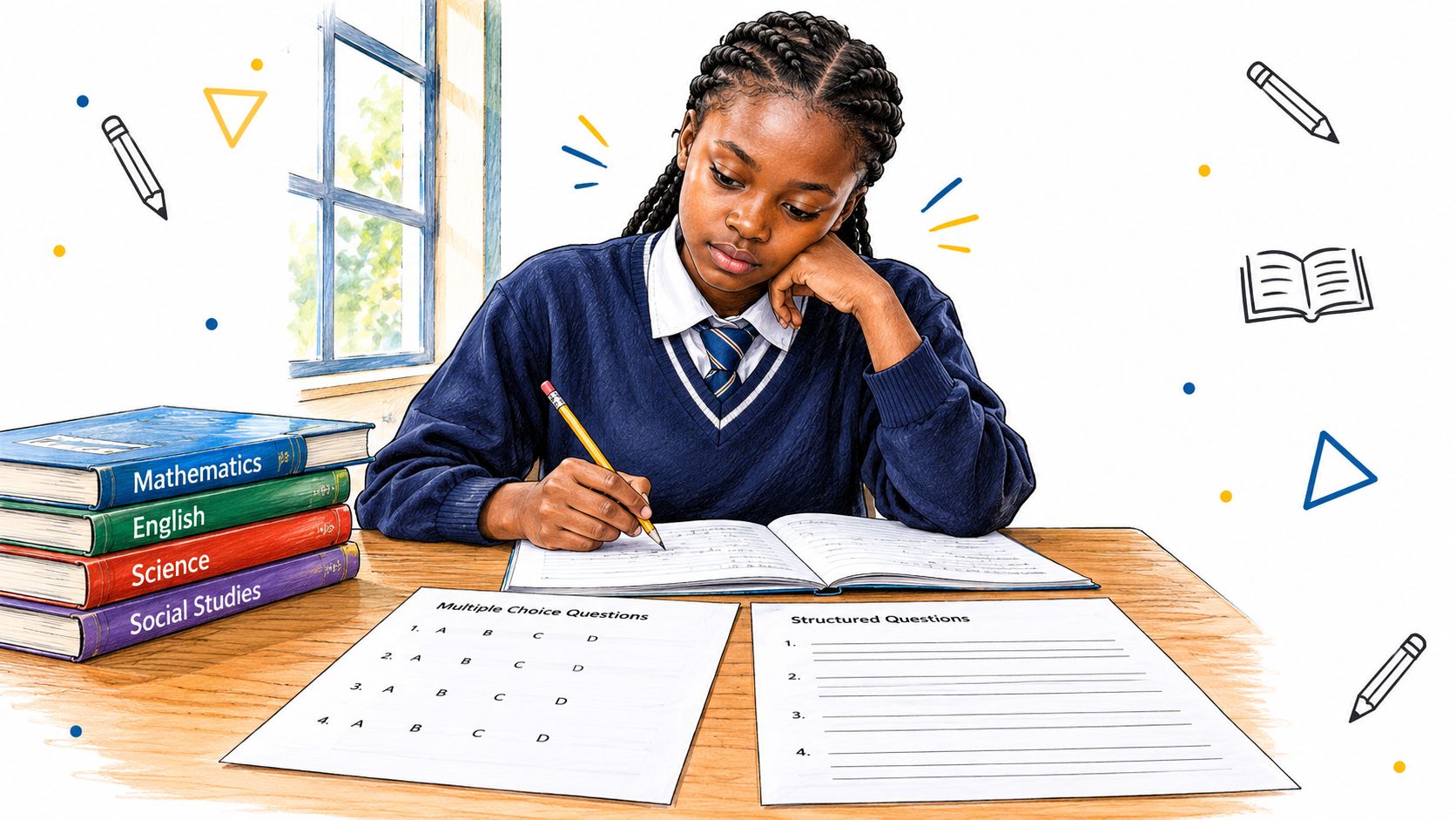 A student in a school uniform studying with multiple-choice and structured question papers on a desk.