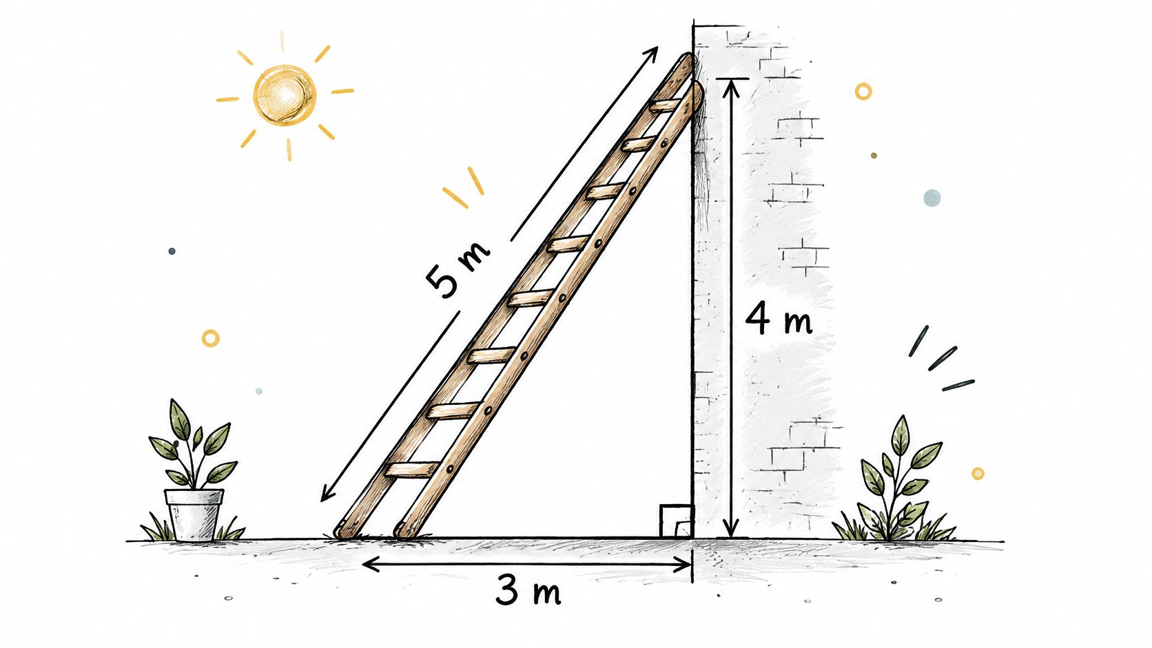 A diagram demonstrating the Pythagorean theorem with a wooden ladder leaning against a wall forming a triangle.