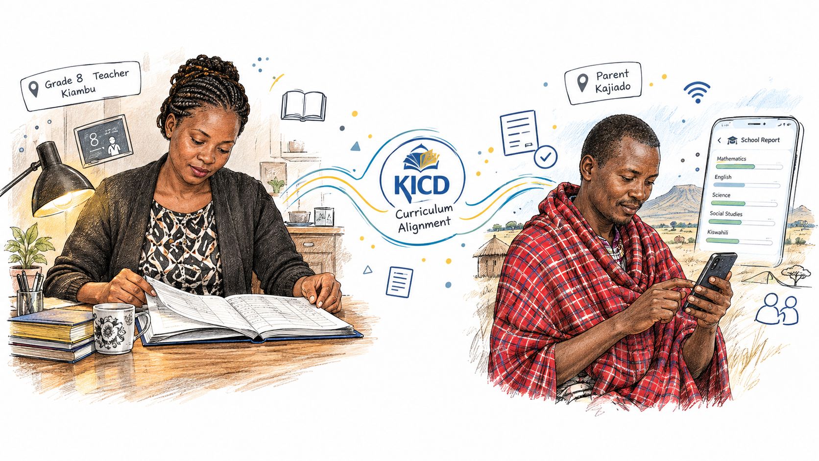 A digital illustration showing a teacher in Kiambu and a parent in Kajiado using KICD aligned learning materials.