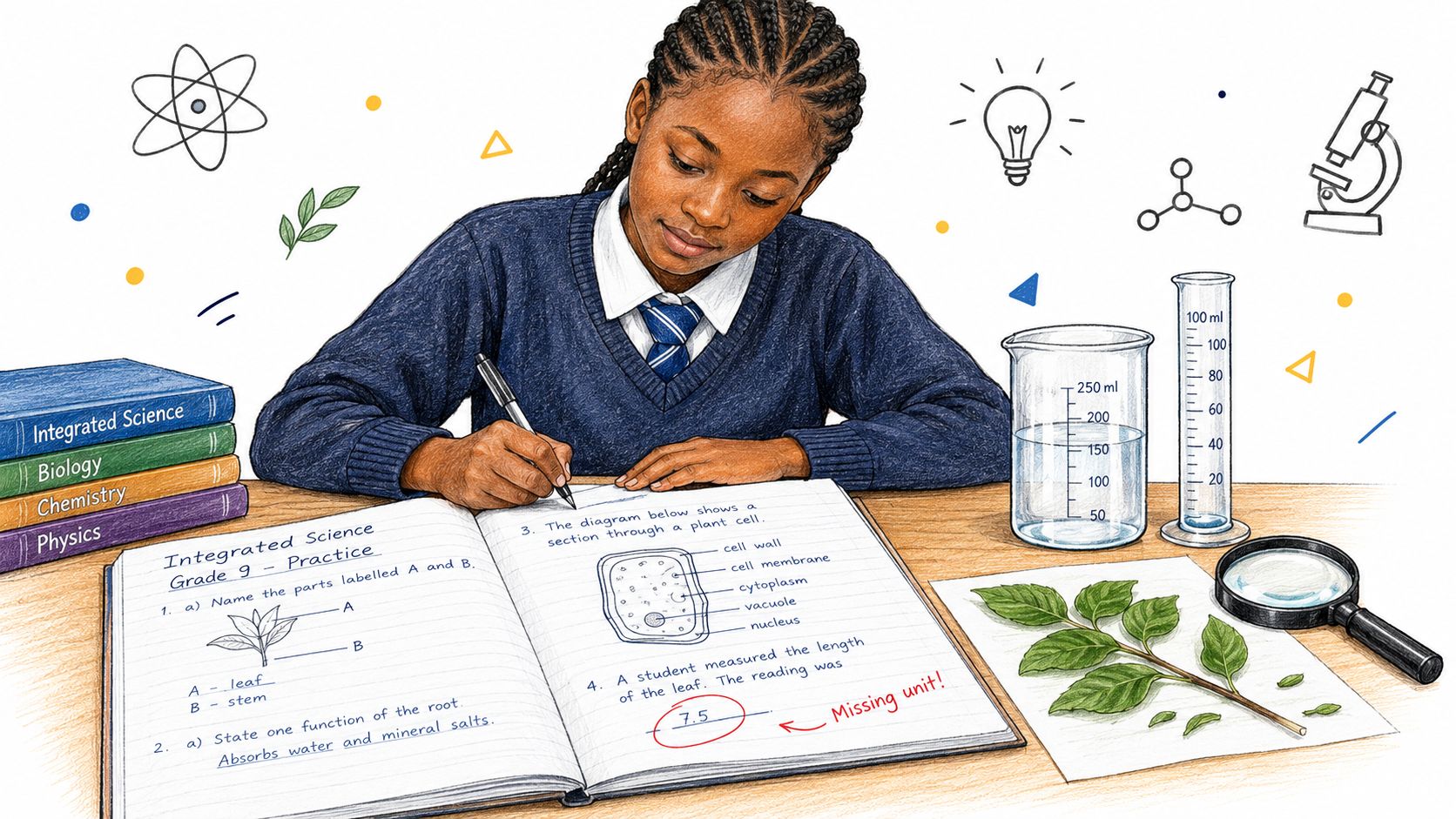 A young female student wearing a school uniform studying science in an open notebook at her desk.