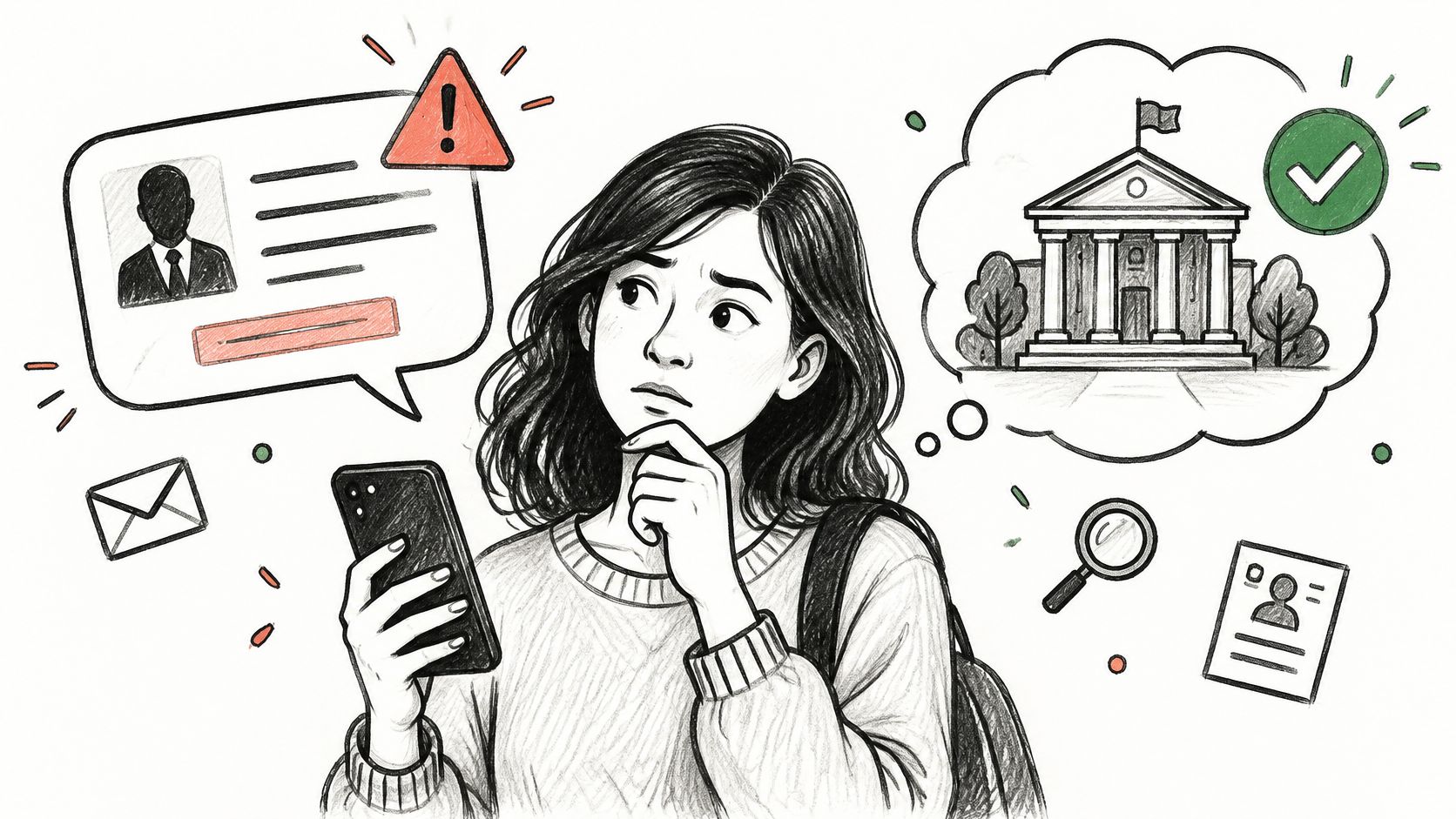 A girl looks thoughtful while checking a suspicious job offer on her smartphone with caution.