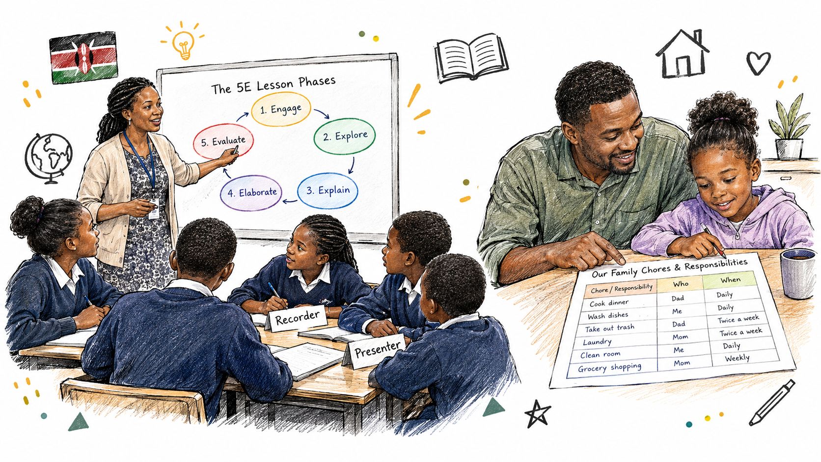 A split composition showing a teacher instructing students in a classroom and a father helping a child.