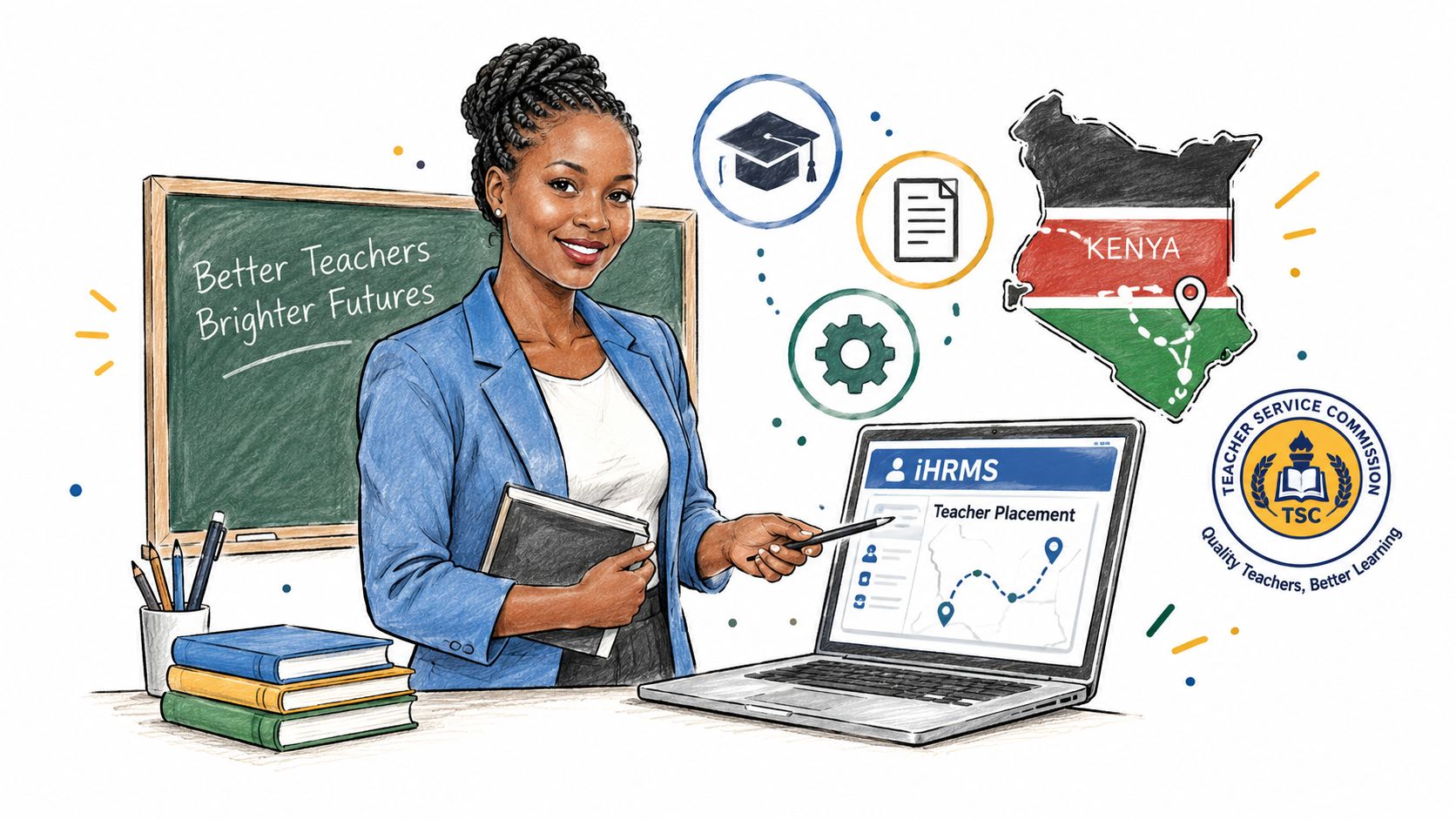 A female teacher stands by a laptop displaying an online teacher placement system for Kenya.