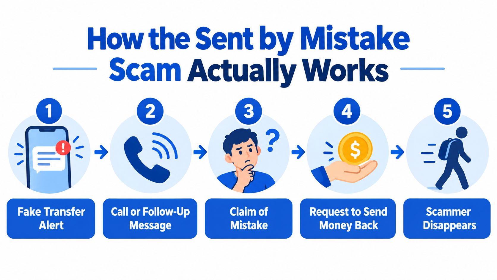 An infographic showing the five steps of a 'sent by mistake' money transfer scam operation.