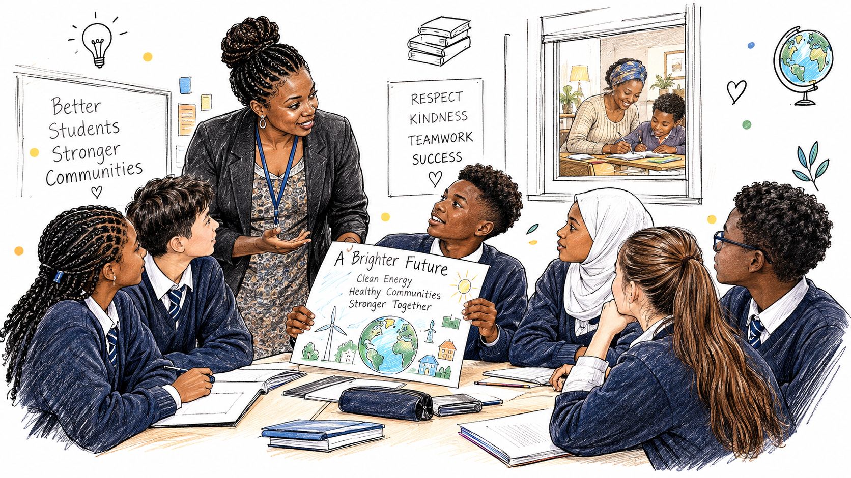 A teacher and a diverse group of students discussing core values and clean energy in school.
